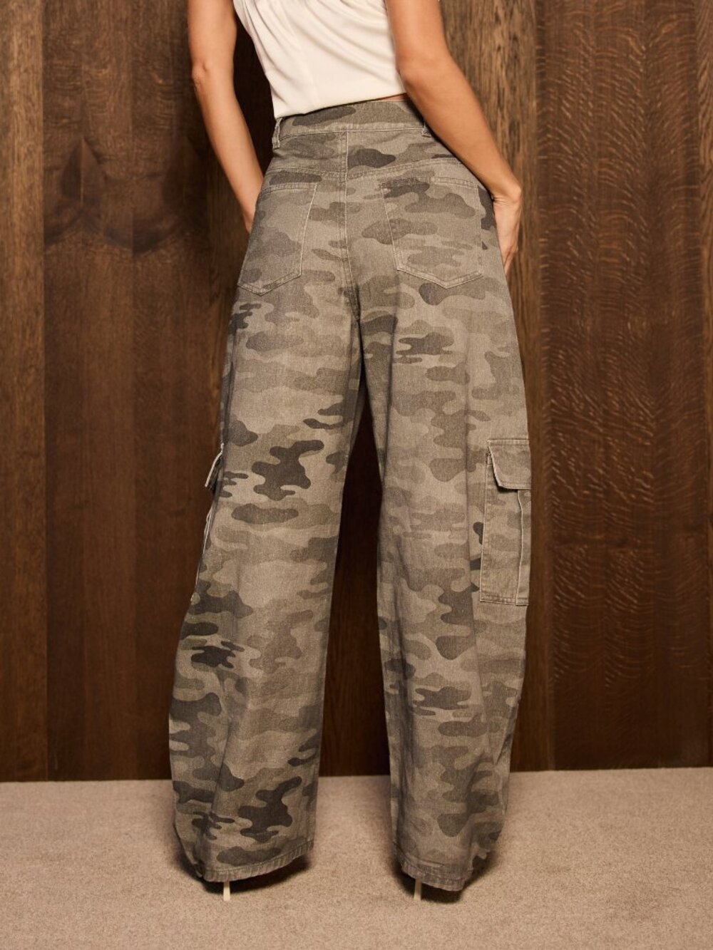Multicolor Casual Women's Wide Leg Camo Cargo High Rise Pants - Picture 2 of 6